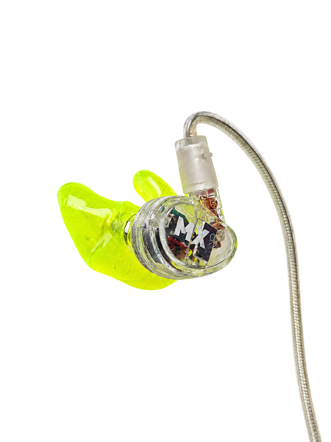 Fluorescent yellow custom eartip fitted to an in-ear monitor