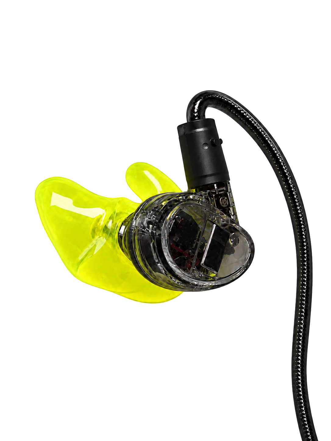 Fluorescent yellow custom eartip fitted to an in-ear monitor