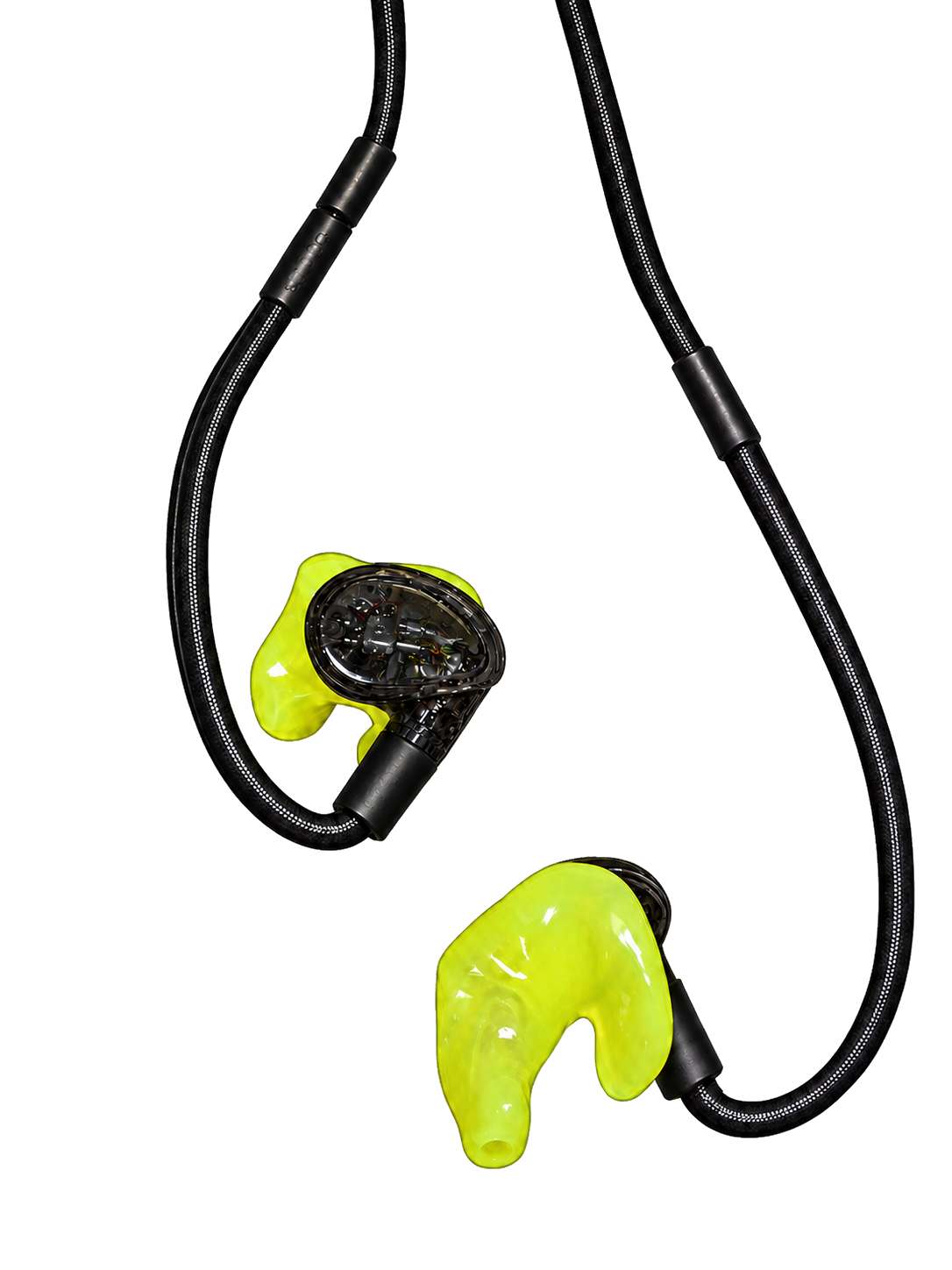 Pair of fluorescent yellow custom eartips installed on in-ear monitors