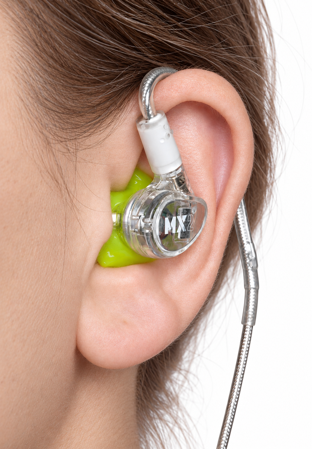 Custom full-shell eartip fitted in the ear with an IEM