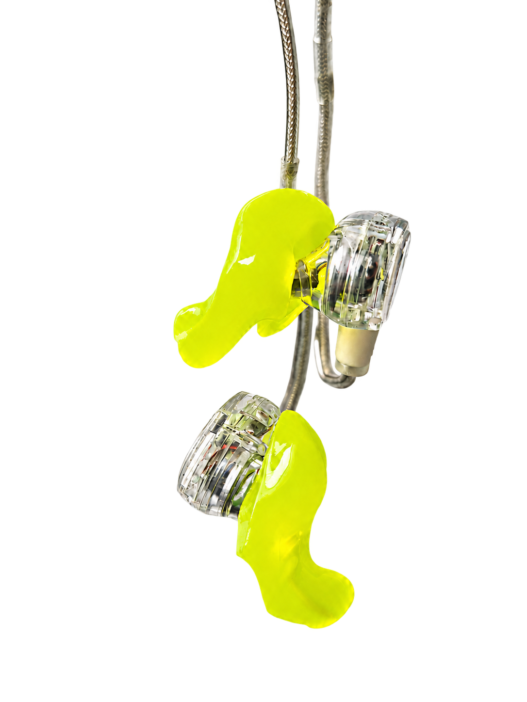Pair of fluorescent yellow custom eartips installed on in-ear monitors